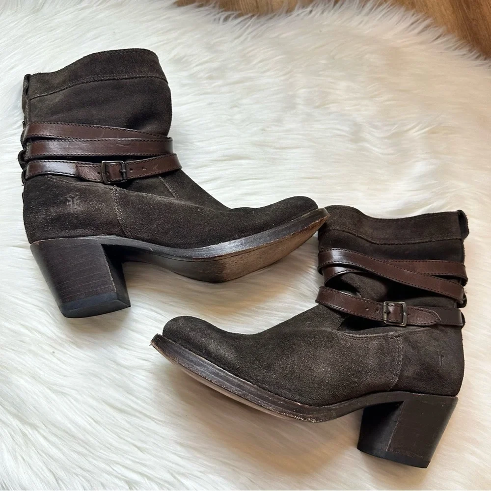 Frye Jane Strappy Oiled Suede Leather Heeled Short Boot Brown Women Size 5 1/2